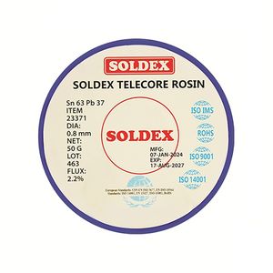 سیم لحیم سولدکس مدل soldex sn63 pb37 وزن 50 گرم ضخامت 0.8 میلی متر